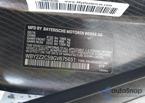 2016 BMW I8 из США, поврежденный, VIN WBY2Z2C59GV675651